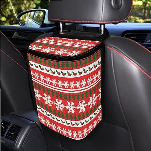 1.2 Gallons Hanging Trash Can, Traditional Christmas Garbage Bags for Cars, Adjustable Hanging for Tail of Console/Back of Seats, Odor-Free with Zipper Leak-Proof Lid Design