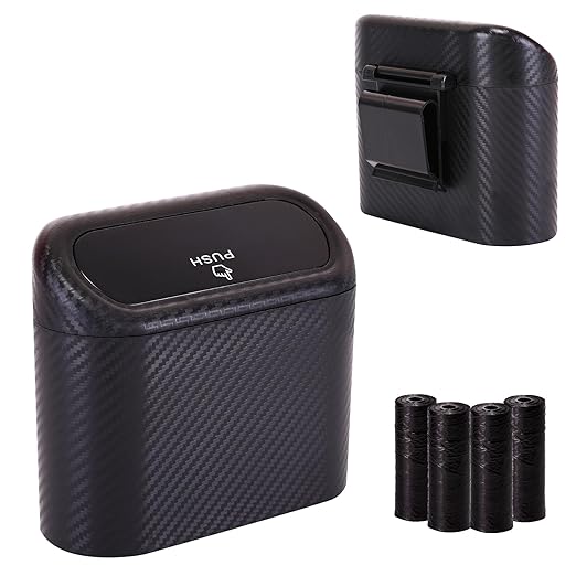 Ginsco Mini Car Trash Can with Lid, Small Car Garbage Can, Cute Leakproof ABS Car Trash Bin, Car Accessories for Interior, Garbage Bin for Car, Home, Office with 60pcs Trash Bags Carbon Fibre