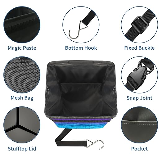 Car Trash Can with Lid & Multiple Pockets ,Foldable Vehicle Garbage Bin Waterproof & Leak Proof Automotive Garbage Cans Car Accessories for Women Men Road Trip Essentials Purple Blue Gradient
