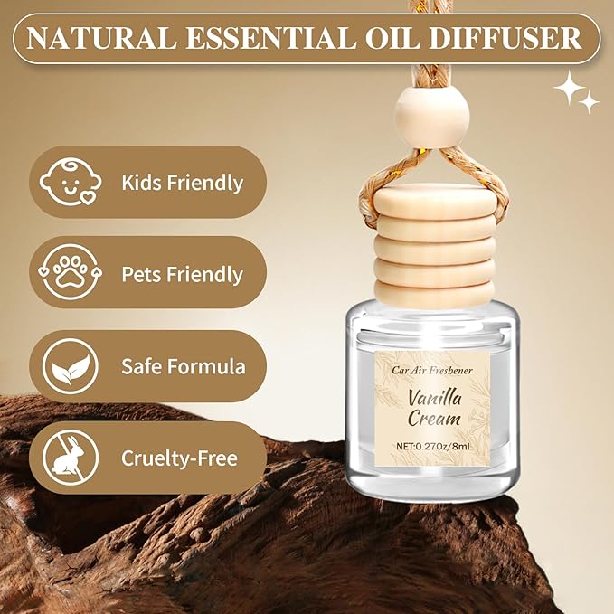 Car Air Freshener 6 Pack, Vanilla Cream,Mahogany & Lavender 3 Natural Scent, Long Lasting Essential Oil Fragrance Diffuser, Hanging Air Freshener Cute Car Accessories Interior for women