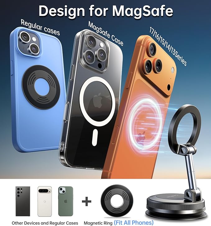 Coolpow【Newest Nano Gel Suction Cup Vacuum Magnetic Phone Holder for Car Phone Holder Mount【Movable Suction】Magsafe Car Mount Cell Phone Holders for Your Car Accessories for iPhone 17 Pro Max 16 15 14
