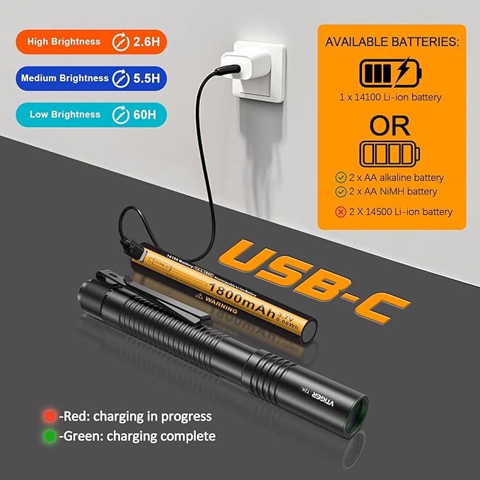 VTIGER T2A Compact EDC Flashlight,1500 High Lumens AA Rechargeable LED Flashlight, Super Bright Small Tactical Tail Switch Pocket Flash Light with Magnet for Camping,Hiking,Outdoor,Home,Emergency