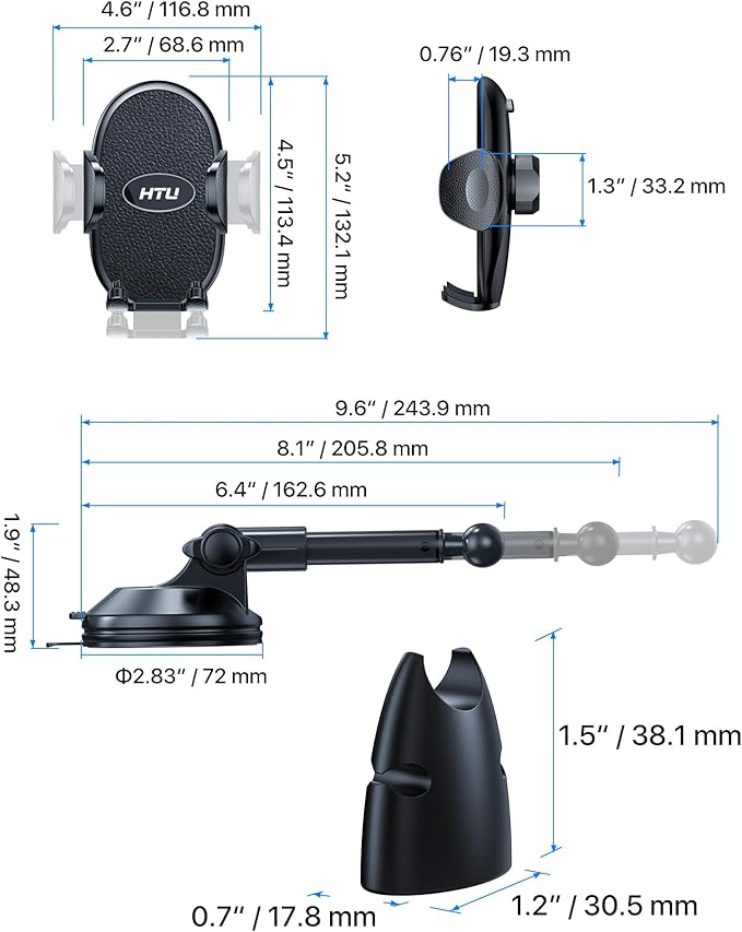 HTU 【Military-Grade Suction】 2025 Cell Phone Holder for Car【Flexible Telescopic Arm】 Car Phone Mount Stand for Dashboard Windshield for iPhone 16 Pro Max 15 14 13 12 Samsung Truck Jeep, Black