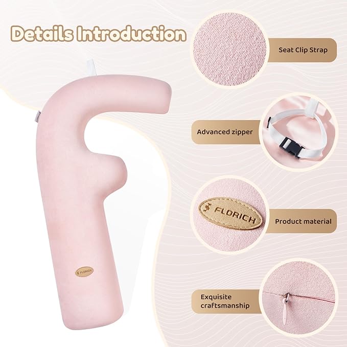 FLORICH Memory Foam Kids Travel Pillow, Car Sleeping Pillow, F-Shape Car Pillows for Adults and Children, Traveling Car Pillow for Kids with Removable Pillowcase (Pink)