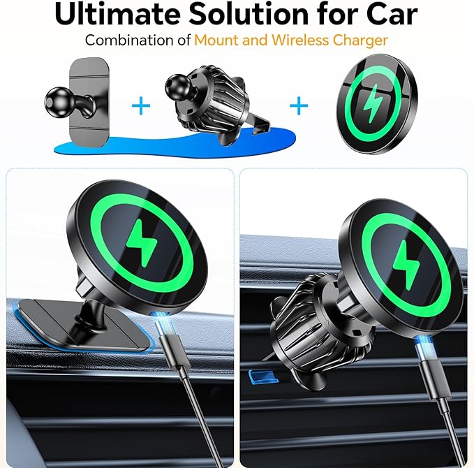 Coolpow for Magsafe Car Mount Charger【100% Stable】 15W Magsafe Car Charger Magnetic Phone Holders for Your Car Accessories for Women Men car Phone Holder Wireless Car Charger for iPhone