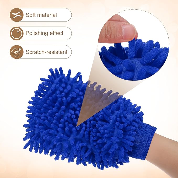 HARFINGTON 2pcs Chenille Microfiber Car Wash Mitts 9.8" x 7.9" Scratch Free Wash Gloves Absorbent Double Sided Plush Cleaning Drying Mitts for Car Washing Home Blue