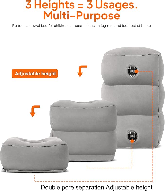 Sunany Inflatable Foot Rest Pillow for Travel, Kids/Adults Airplane Travel Pillow-Adjustable Height Cushions,for Kids to Sleep While Traveling,Suitable for Office, Home and Any Travell (1 Pack)