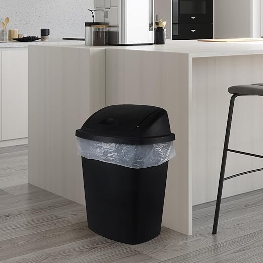 10 Gallon Plastic Swing Lid Trash Can, Black Swing Top Garbage Can, Kitchen Waste Bin, 4 Packs