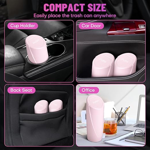 Car Trash Can Bin with Lid - Car Garbage Can Cup Holder - Pink Mini Leakproof Vehicle Garbage Bin with 20pcs Trash Bags - Automobile Organizers and Storage for Front Back Seat Accessories