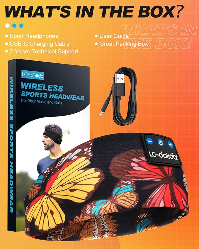 LC-dolida Sleep Headphones Headband Bluetooth 5.4, Sports Headband Earphones Wireless with Speaker Microphone USB C for Women Sleeping Gift Workout Jogging Yoga Insomnia Travel Meditation, Butterfly