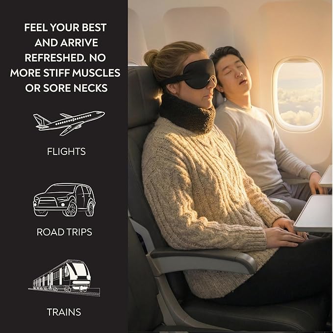Slim Travel Neck Pillow for Long Flights, 360° Memory Foam Support Travel Neck Pillow with Premium Airplane Comfort Essentials 5pc Set, Best for Sleeping on Airplanes, Cars, Trains | Compact Bag