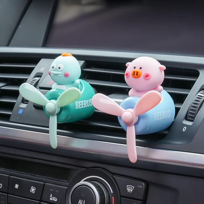 2 Pcs Pilot Car Air Fresheners, Cute Rabbit Car Vent Clip Air Freshener with 8 Fragrant Tablets Automotive Air Outlet Fan Diffuser, Automotive Interiors Vent Decoration (Rabbit+Pig)