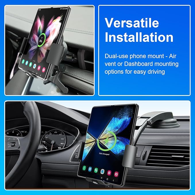 ION 2-in-1 Phone Holders for Your Car, 15W Wireless Charger Car Mount for Samsung Galaxy Z Fold 6 5 4 3 2, Cell Phone Holder for Air Vent Dashboard, Dual Coil Qi Fast Charge, Auto Clamping