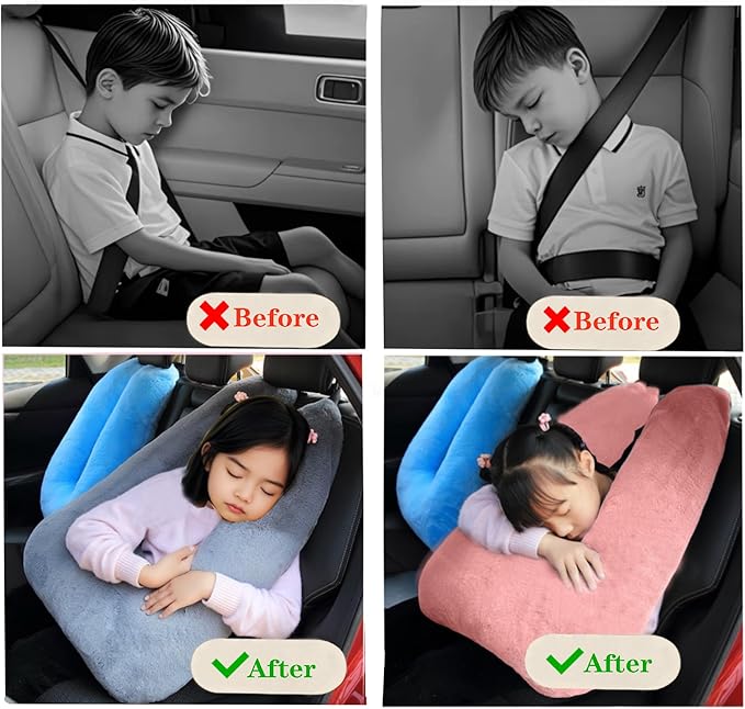 Kids Travel Pillow, Car Pillow with Lining, Neck and Head Support Cushion for Kids and Adults, Perfect for Long Distance Travel, Car Seats, Airplanes, and Road Trips (Pink)