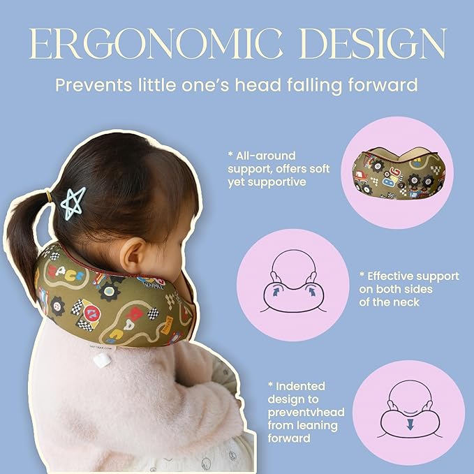 SKYTRAX® Certified Kids Safe Memory Foam Travel Neck Pillow for Kids and Toddlers, Cute Cartoon Design, Car Seat & Airplane Head Neck Support, Adjustable Snap Button, Washable Soft Cover (Racecar)