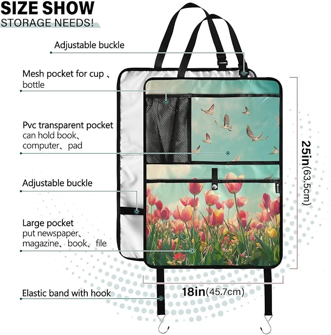 Beautiful Spring Tulips and Herringbone Birds 2 Pack Backseat Car Organizer with Storage Pockets Seat Back Organizers for Kids Kick Mats Backseat Protector Automotive