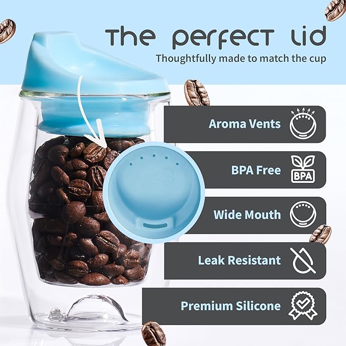 To-Go Espresso Glass Travel Mug with Lid, Reusable Double Wall Glass Tumbler, Fits Most Coffee Makers & Cupholders for Your Car, Gifts for Coffee Lovers, 4.5 oz Cortado Cup, Iced Blue