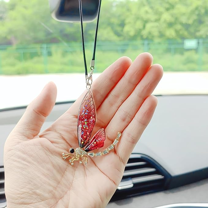 Bling Car Accessories for Women Interior, Diamond-Encrusted Dragonfly Rear View Mirror Accessories, Cute Car Decor Hanging Ornament Bag Charms Home Decor