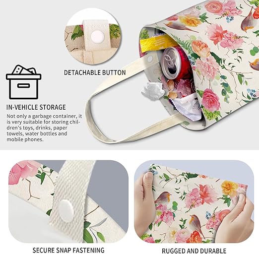 Cute Car Trash Can, Hanging Canvas Car Back Seat Organizer and Storage Bag, Funny Car Trash Bag For Travelling, Outdoor Cute Pink Flower Brid
