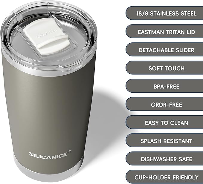 20oz Vacuum Insulated Tumbler - Double Wall Stainless Steel Coffee Mug with Detachable Slider Lid, BPA Free, Car Cup Holder Compatible - Gym/Office/Travel/Home - Metal Gray