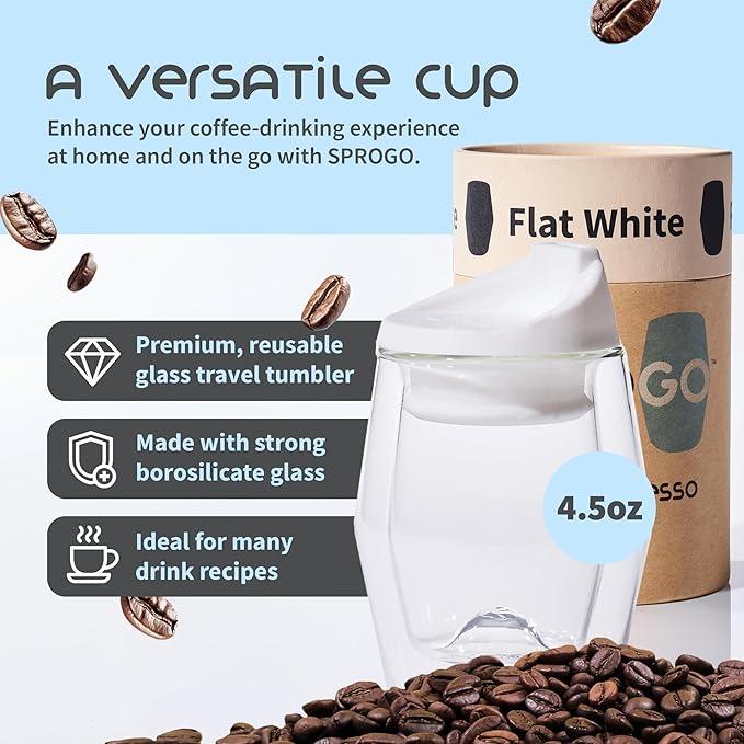 To-Go Espresso Glass Travel Mug with Lid, Reusable Double Wall Glass Tumbler, Fits Most Coffee Makers & Cupholders for Your Car, Gifts for Coffee Lovers, 4.5 oz Cortado Cup, Flat White