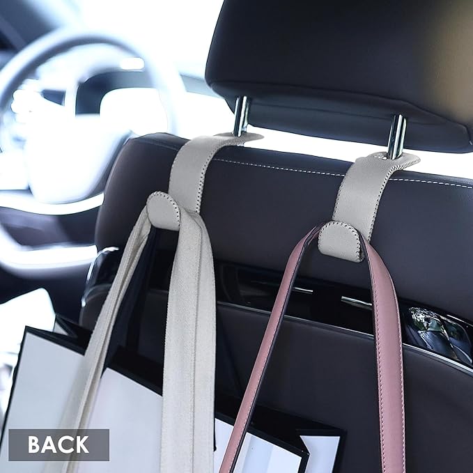 Leather Car Seat Hooks - U-Shaped Purse Holder for Car, Fully Leather-Wrapped Headrest Hooks for Purses, Bags & Coats, Durable Seat Back Organizer for Travel & Daily Use (Gray, 2 Pack)