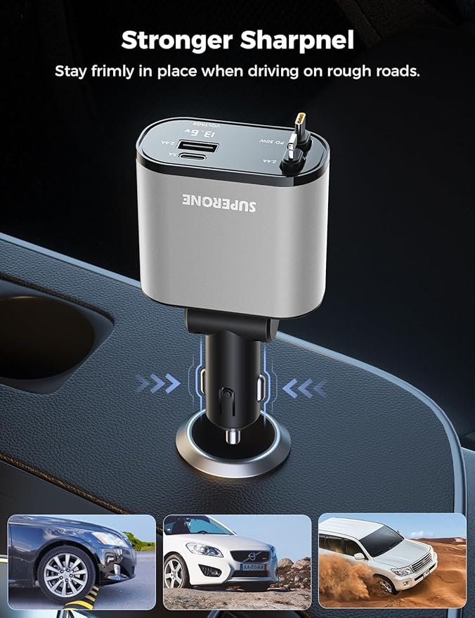 【Upgraded】 SUPERONE Retractable Car Charger 4 in 1, Fast Car Phone Charger with Cord 2.6ft, USB C and Apple Car Charger Adapter, Compatible with iPhone 17/16/15/15 Pro Max/14/13/12/11, Galaxy, Pixel