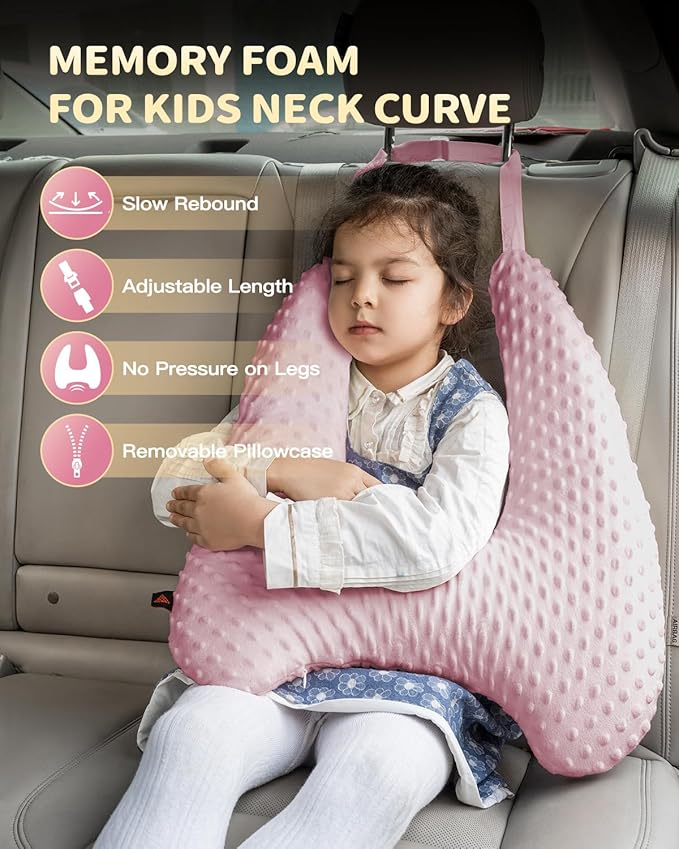 Memory Foam Kids Travel Pillow, Car Pillow for Kids, H-Shape Car Pillows for Sleeping, Removable Pillowcase, Adjustable, Velvet Dots, Pink