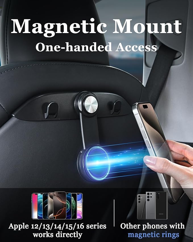 1 Pack Car Seat Hooks & Magnetic Phone Holder for Tesla Model Y(Juniper) Model 3(Highland) Accessories 2026 2025 2024 2023 2022 2021, Car Seat Back Storage Purse/Bag/Hat Hook for iPhone