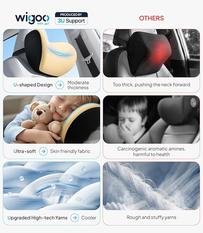 Wigoo 2026 Upgrade Car Neck Pillow [No More Pressure, Odorless] Soft Car Headrest Pillow with Adjustable Strap Removable Cover 100% Memory Foam, Fits All Vehicles (Beige 2-Pack)