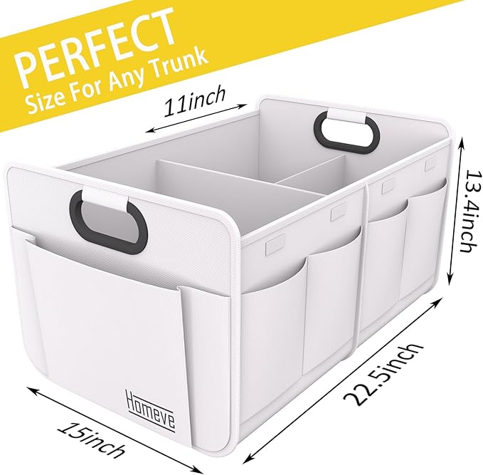 Homeve Car Trunk Organizer, Car Storage, Reinforced Handles, Collapsible Multi-Compartment Car Organizers (White, 2 Compart)