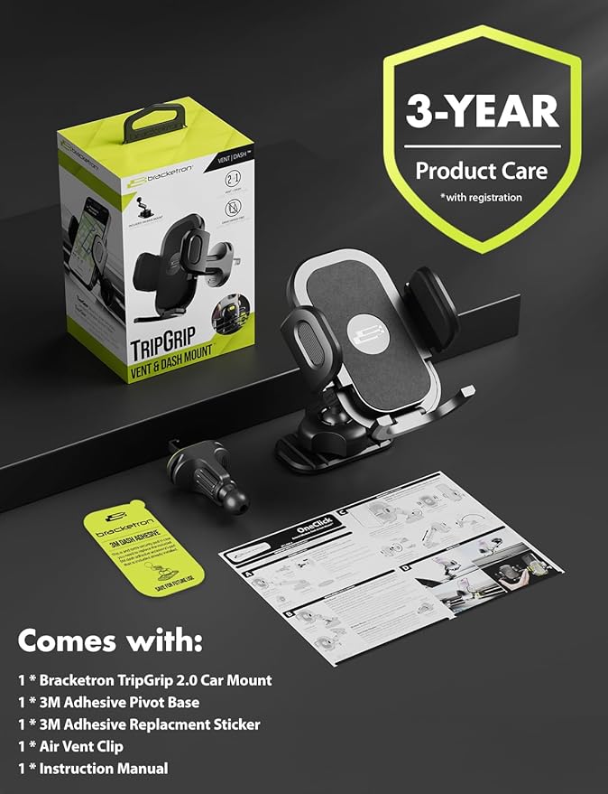 Bracketron TripGrip 2-in-1 Car Phone Holder Mount – 360° Rotating Phone Holders for Your Car with One-Button Expansion for Dashboard & Air Vent – Fits Most Smartphones