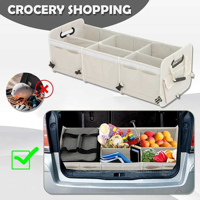 [2025 Upgrade] Off White Car Trunk Organizer With Built-In Insulated Leak Proof Cooler Bag, Storage Collapsible Multi Compartment Car Organizer Adjustable Straps for SUV