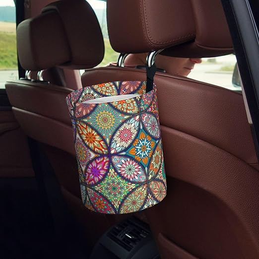Car Trash Bag Vintage Mandala Floral Waterproof Trash Small Car Can Portable Collapsible Car Garbage Can Hanging for Back Seat Floor or Hanging Headrest Car Decor Road Trip Essentials