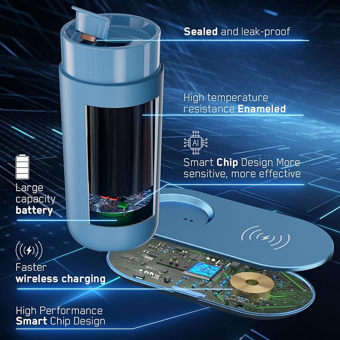 Temperature Control Heated Coffee Mug Smart Self Heating Travel Mug 12 Oz App Controlled Warmer Mug 4-10 Hour LED Display Keep Coffee Hot Fast Wireless Charger Base Lake Blue