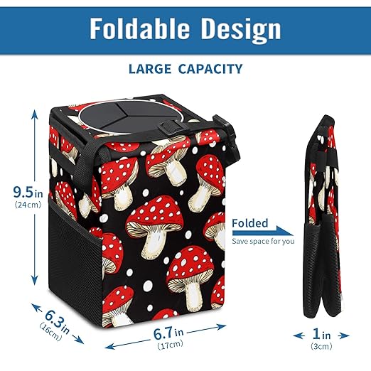 Car Trash Can with Lid & Multiple Pockets,Foldable Vehicle Garbage Bin Waterproof & Leak Proof Automotive Garbage Cans Car Accessories for Women Men Road Trip Essentials Mushrooms