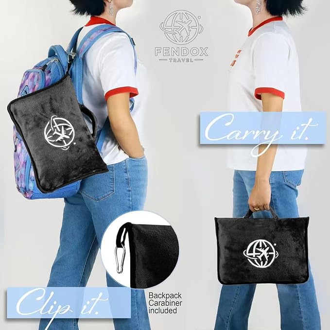 2-in-1 Travel Blanket and Pillow – Lightweight, Compact, Ultra Soft, Machine Washable – Handle, Luggage Sleeve, Backpack Clip – for Travel Airplane, Car, Office (Black)