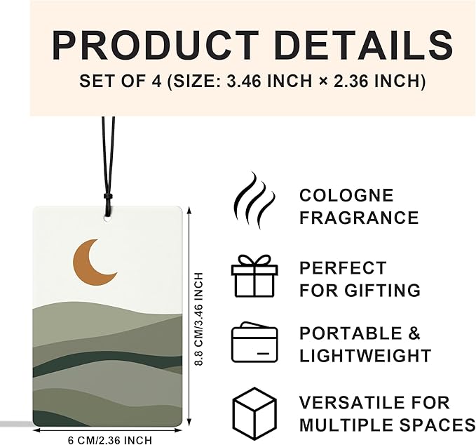 Boho Green Car Air Freshener 4 Pcs, Mid Century Modern Sun Moon Mountain Plant Striped Air Freshener Hanging for Cars Books Closet Drawer, Green Car Accessories for Women Men
