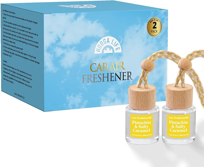 HoogaLife Car Air Freshener Diffuser 2 Pack Hanging Pistachio Salty Caramel Car Air Freshener for Women 45+ days Long Lasting Fragrance Made in USA (P62)