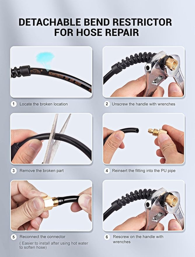 1/4 In x 28 Ft Polyurethane Recoil Air Hose, Upgraded Air Compressor Hose with Repairable Bend Restrictor, Air Hose kit w/ 360° Swivel 1/4" NPT Coupler & Brass Quick Connect Air Fittings