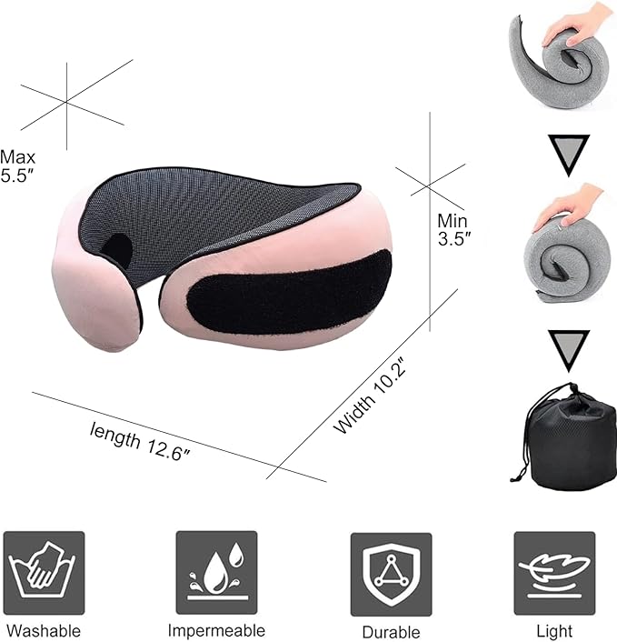 Neck Pillow for Traveling, Travel Neck Pillow for Airplanes, 100% Pure Memory Foam, 360° Support Stowable Pillows for Sleeping, Breathable & Washable Cover, Compact for Travel, Car & Office (Pink)