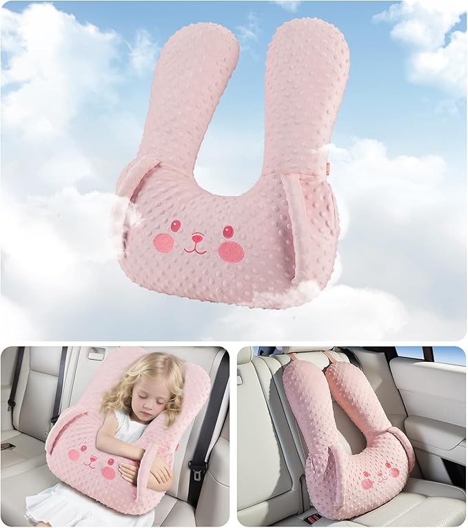 BEBAS U-Shaped Kids Travel Pillow for Car - Comfortable Neck and Head Support Pillow for Sleeping on Long Trips, Cute Cartoon Design, Ideal for Car Seats, Booster and Home Use, Great Gift Idea（Pink）