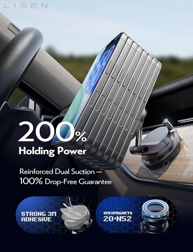 LISEN 15W Magsafe Car Mount Charger， [ SuctionPro ] 15W Wireless Car Charger, Suction Cup Phone Holder,360 Vacuum Magnetic Phone Holder for iPhone 17 Pro Max Air 17-12,Samsung S25 with MagSafe Case