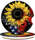 Ceramic Cup Holders Car Coasters for Women/Men,Cute Absorbent Drink Cup Car Holder Coasters with A Finger Notch 2.56" Pack of 2, Sunflower Flag Stars Stripe