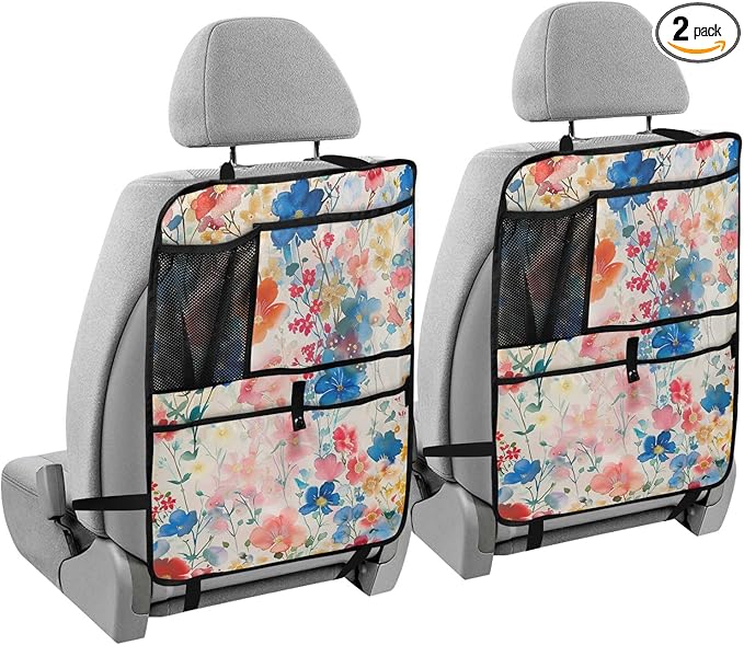 2 Pack Backseat Car Organizer with Storage Pockets Seat Back Organizers for Kids Kick Mats Backseat Protector Automotive Ink Blue Floral
