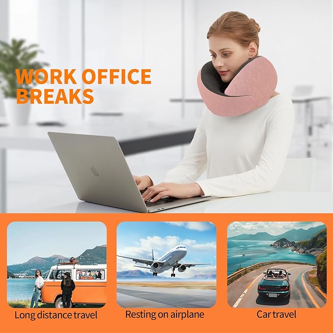 Travel Neck Pillow for Airplane – Memory Foam 360° Support Compact Design Ergonomic Flight Pillow for Sleeping & Neck Support Portable Travel Pillows for Adults, Car, Office Home (Pink)