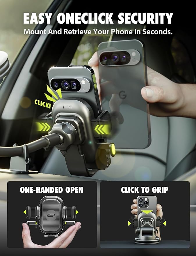 Bracketron OneClick Flexible Phone Holder for Car Dashboard,Windshield & Vent,3 in 1 Car Phone Holder with 7" Adjustable Gooseneck Arm,360 Rotation Car Phone Mount for All iPhone Android Smartphone.