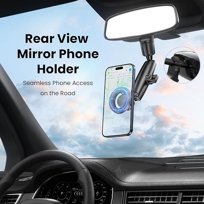 Magnetic Phone Holder for Car, Rear View Mirror Phone Holder, 360° Rotating Car Phone Mount, Compatible with iPhone 17/16/15/14/13/12 Series and All Phones with Magsafe Case or Metal Ring