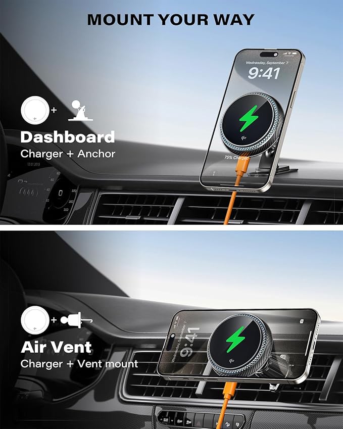 APPS2Car for Qi2 15W MagSafe Car Mount Charger, Qi2-Certified MagSafe Car Charger, Air Vent/Dashboard Magnetic Phone Holder Car for iPhone 16 Pro Max Plus 15 14 13, Black