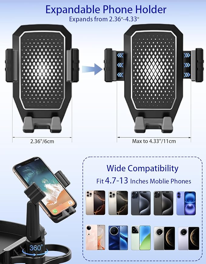 Car Cup Holder Tray - 4 in 1 Adjustable Car Cup Holder Expander with 360° Rotatable Food Tray Table and Phone Mount for Driver and Front Passenger, Automotive Road Trip Essentials